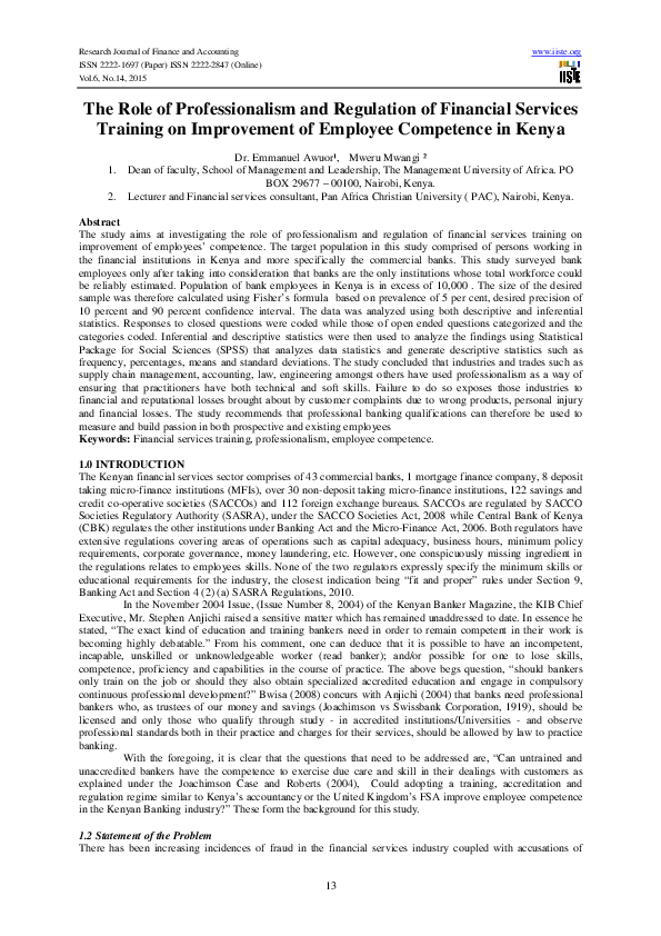 (PDF) The Role of Professionalism and Regulation of Financial Services ...