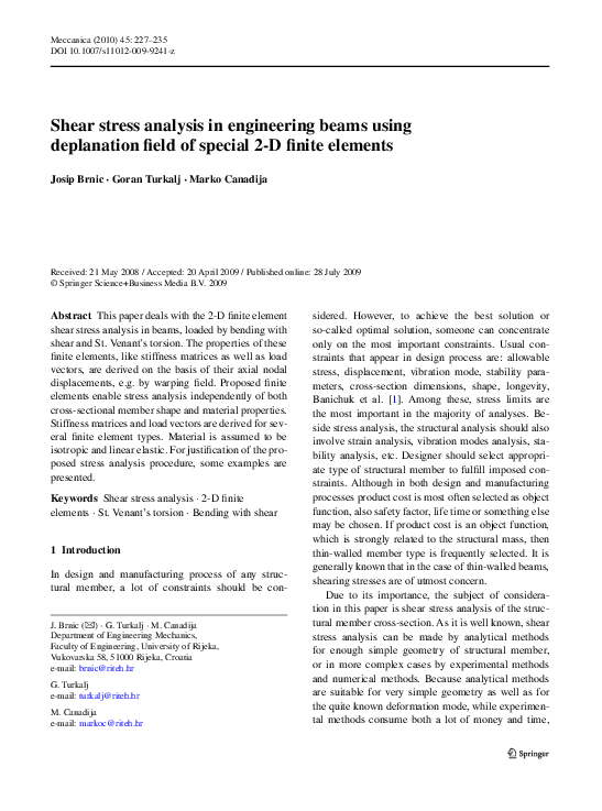 (PDF) Shear stress analysis in engineering beams using deplanation ...