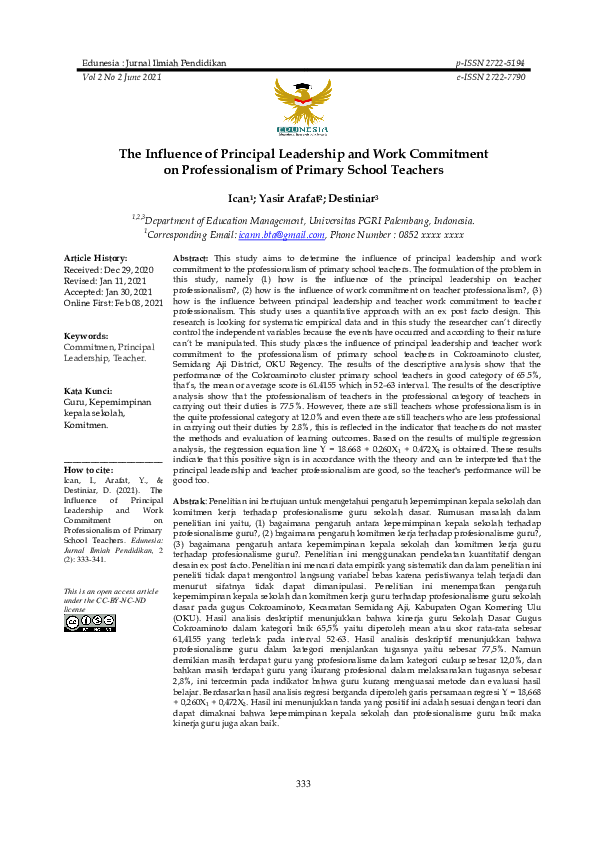 (PDF) The Influence of Principal Leadership and Work Commitment on ...