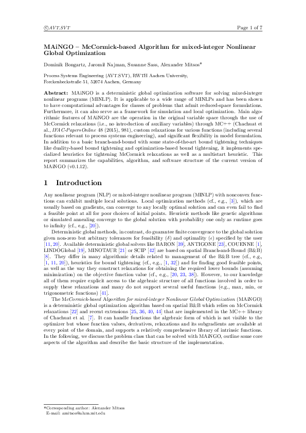 (PDF) MAiNGO – McCormick-based Algorithm for mixed-integer Nonlinear ...