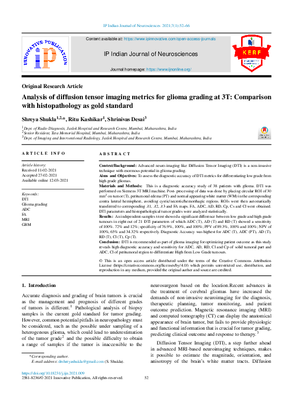 (PDF) Analysis of diffusion tensor imaging metrics for glioma grading ...