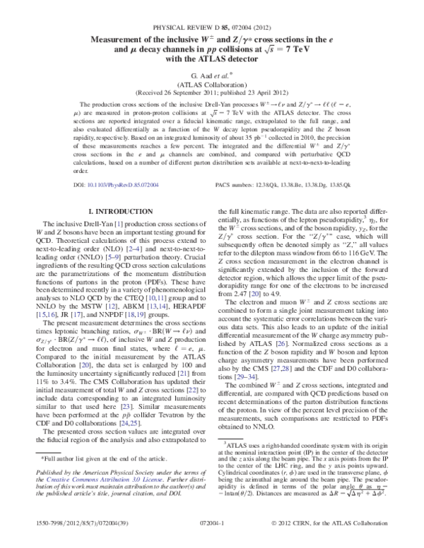 (PDF) Measurement of the inclusive W ± and Z/γ* cross sections in the e ...