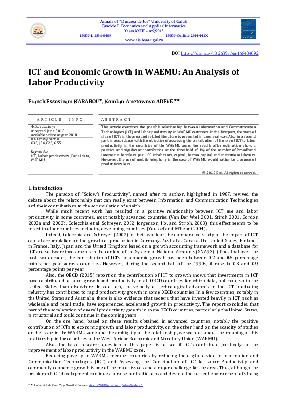 (PDF) ICT and Economic Growth in WAEMU: An Analysis of Labor Productivity