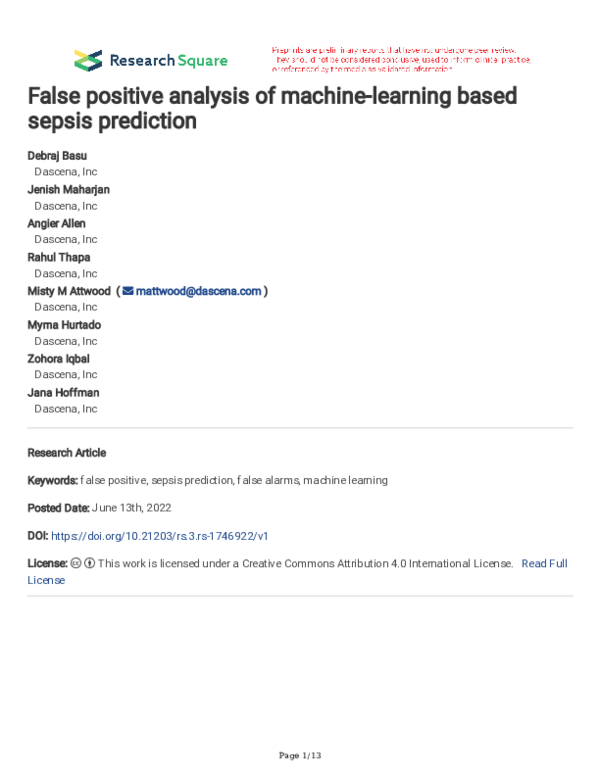 (PDF) False positive analysis of machine-learning based sepsis prediction