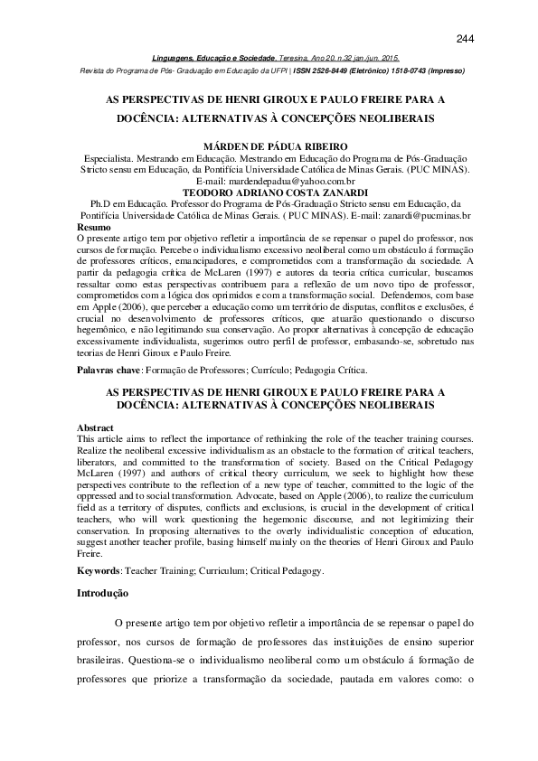 (PDF) As Perspectivas De Henri Giroux e Paulo Freire Para a Docência