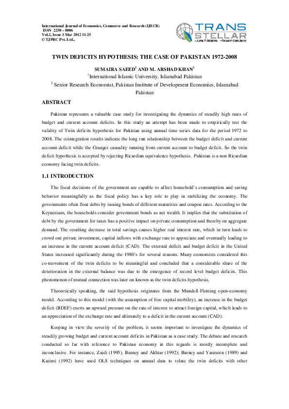 (PDF) Twin Deficits Hypothesis: The Case of Pakistan 1972-2008