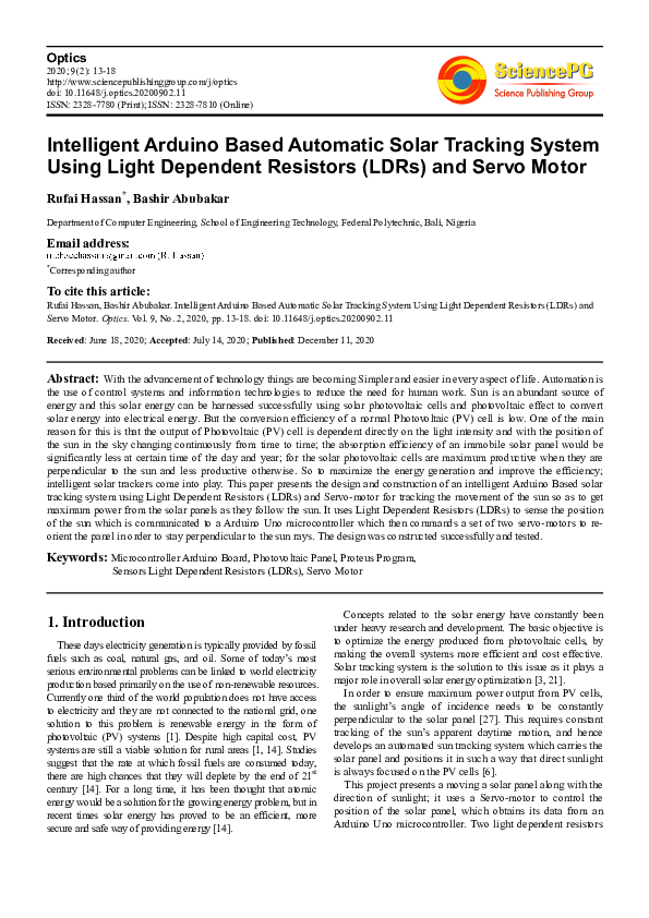 (PDF) Intelligent Arduino Based Automatic Solar Tracking System Using ...