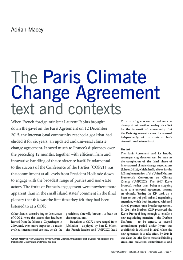 (PDF) The Paris Climate Change Agreement: text and contexts