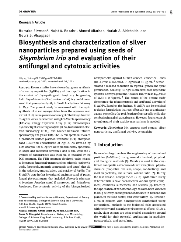 (PDF) Biosynthesis and characterization of silver nanoparticles ...
