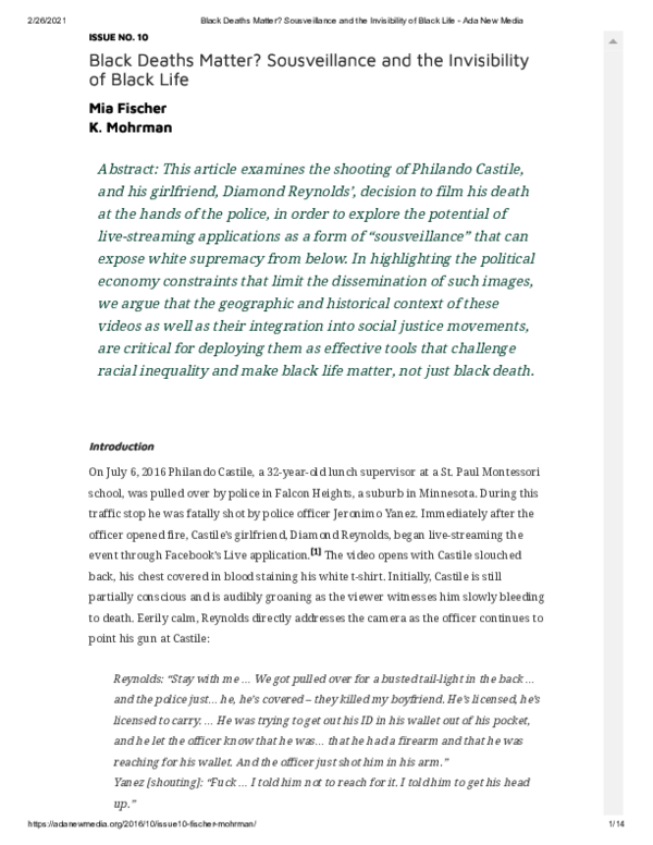 (PDF) Black Deaths Matter? Sousveillance and the Invisibility of Black ...