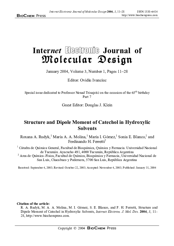 (PDF) Structure and dipole moment of catechol in hydroxylic solvents