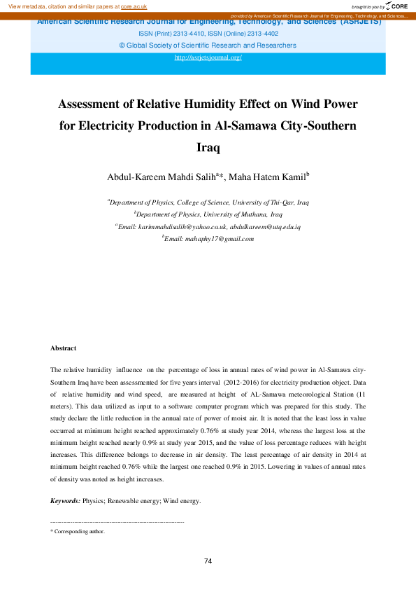 (PDF) Assessment of Relative Humidity Effect on Wind Power for ...