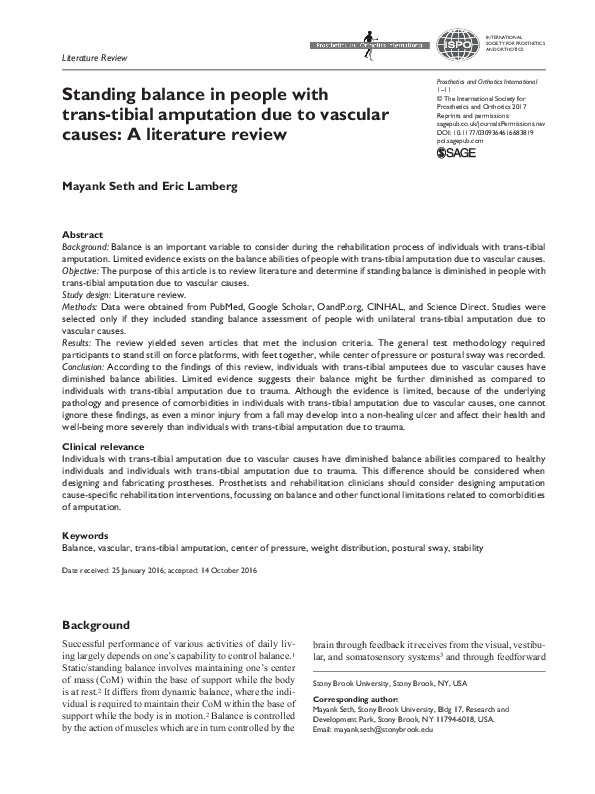 (PDF) Standing balance in people with trans-tibial amputation due to ...