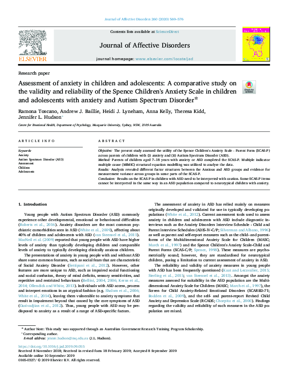 (PDF) Assessment of anxiety in children and adolescents with autism ...