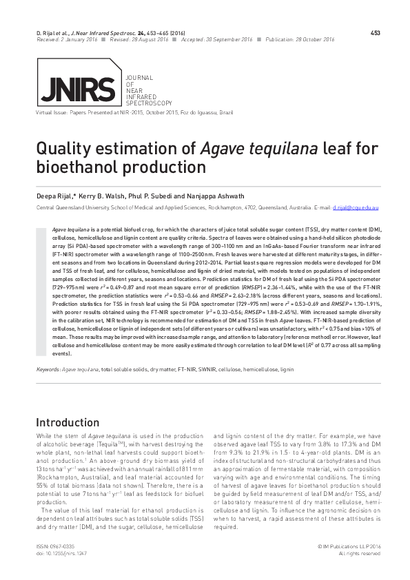 (PDF) Quality estimation of Agave tequilana leaf for bioethanol production