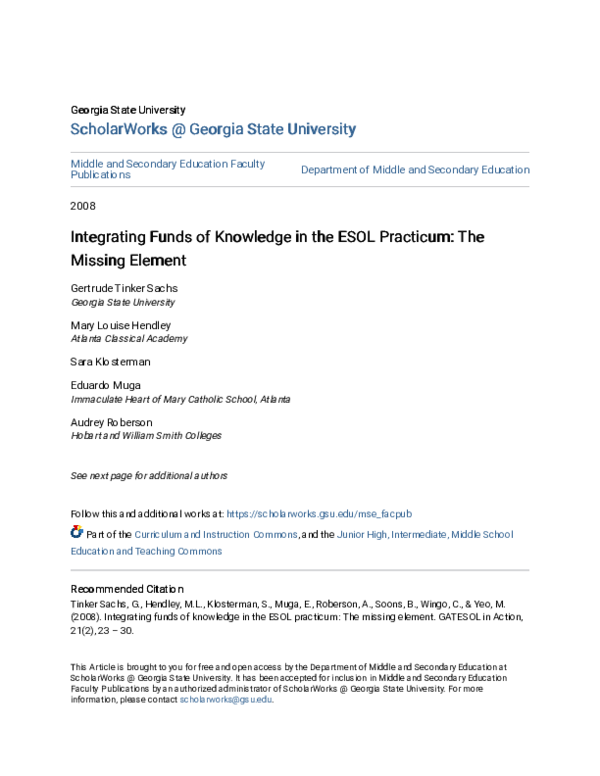 (PDF) Integrating Funds of Knowledge in the ESOL Practicum: The Missing ...