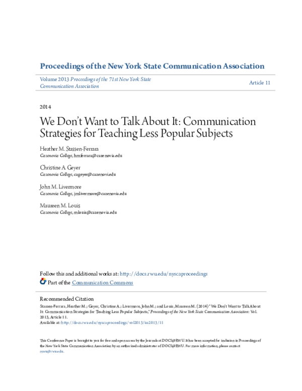 (PDF) We Don’t Want to Talk About It: Communication Strategies for ...