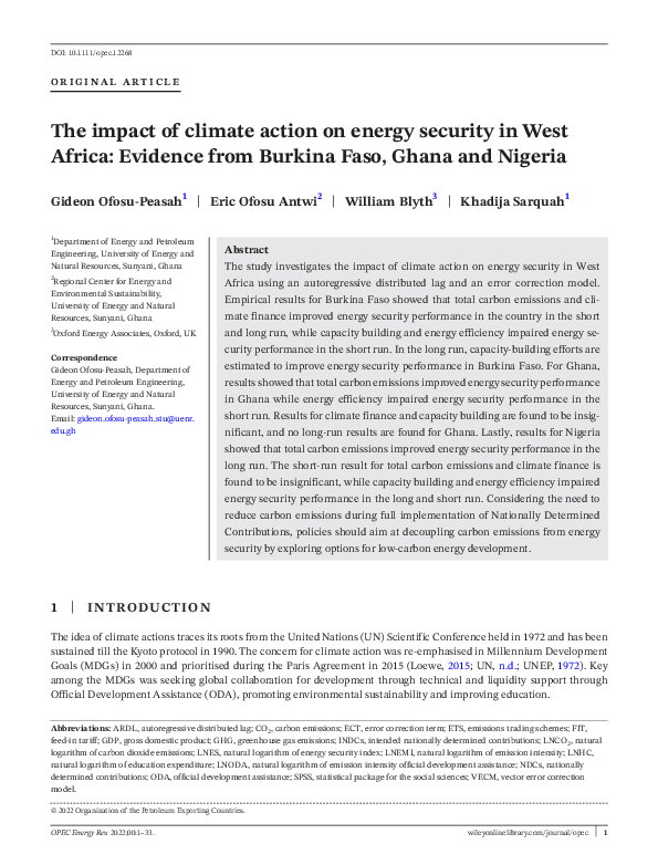 (PDF) The impact of climate action on energy security in West Africa ...