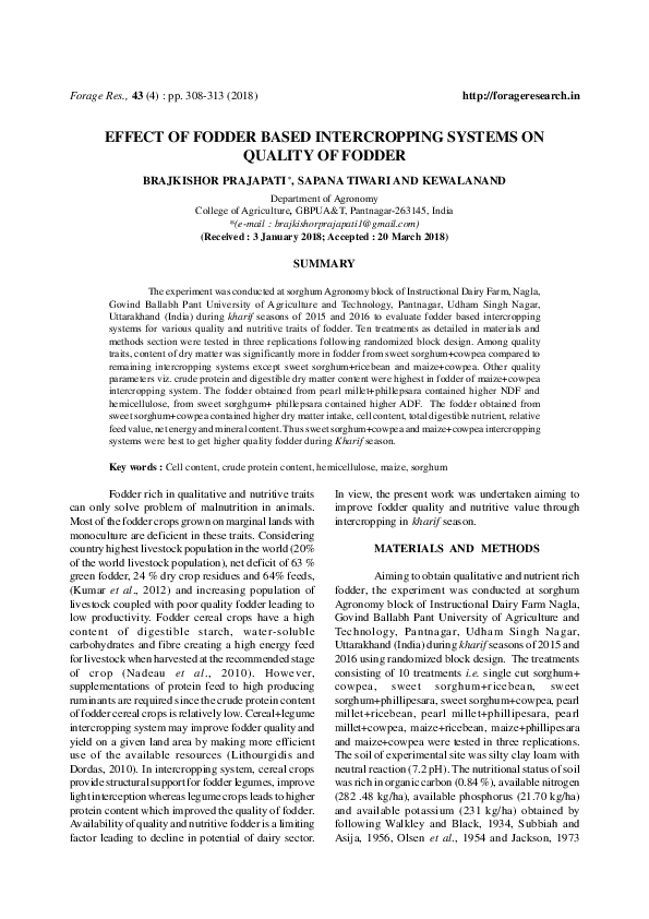 (PDF) Effect of Fodder Based Intercropping Systems on Quality of Fodder