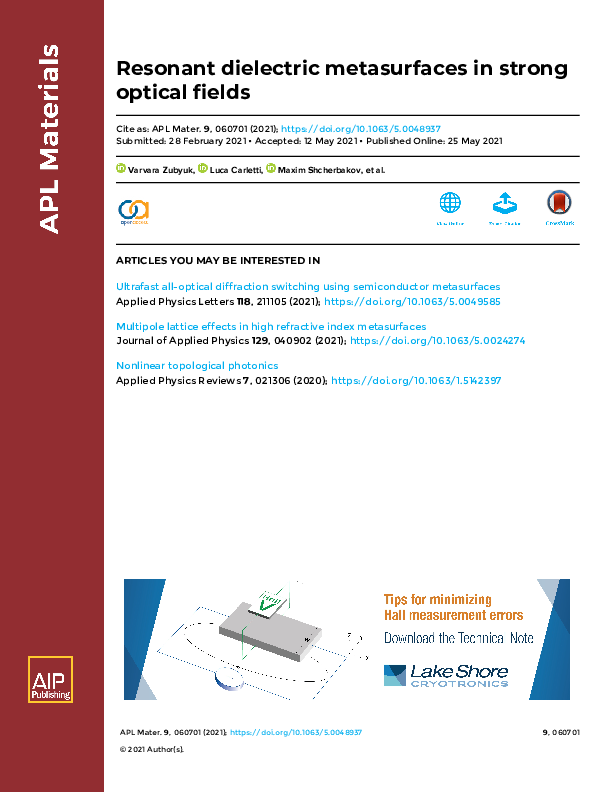 (PDF) Resonant dielectric metasurfaces in strong optical fields