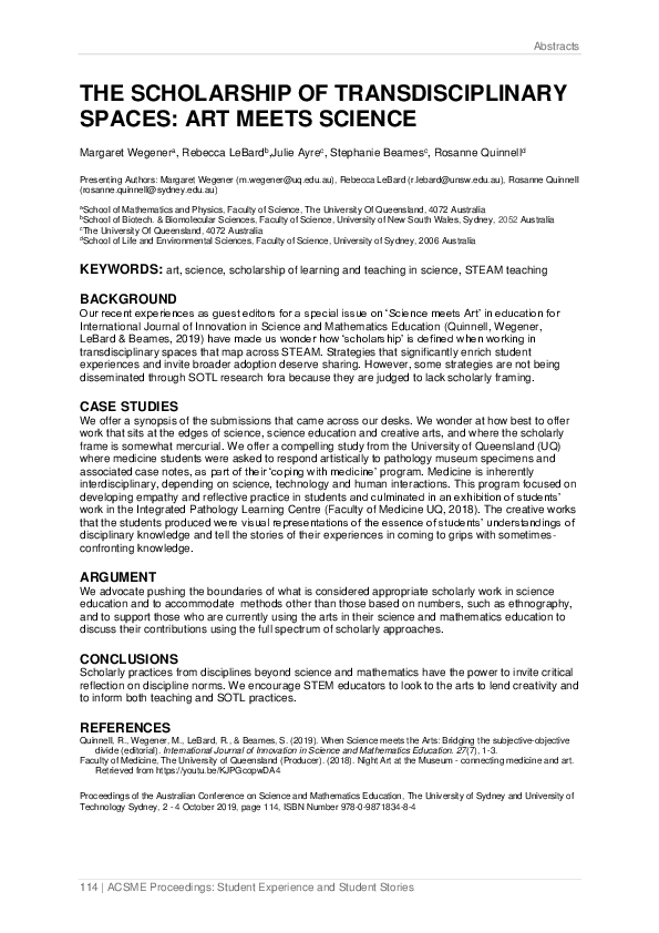(PDF) The scholarship of transdisciplinary spaces: Art meets science