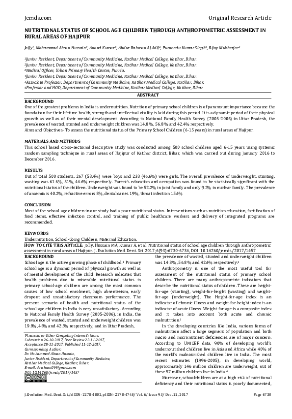 (PDF) Nutritional Status of School Age Children Through Anthropometric ...