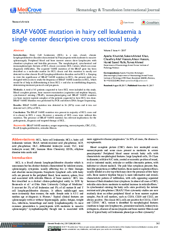 (PDF) BRAF V600E Mutation in Hairy Cell Leukaemia A Single Center