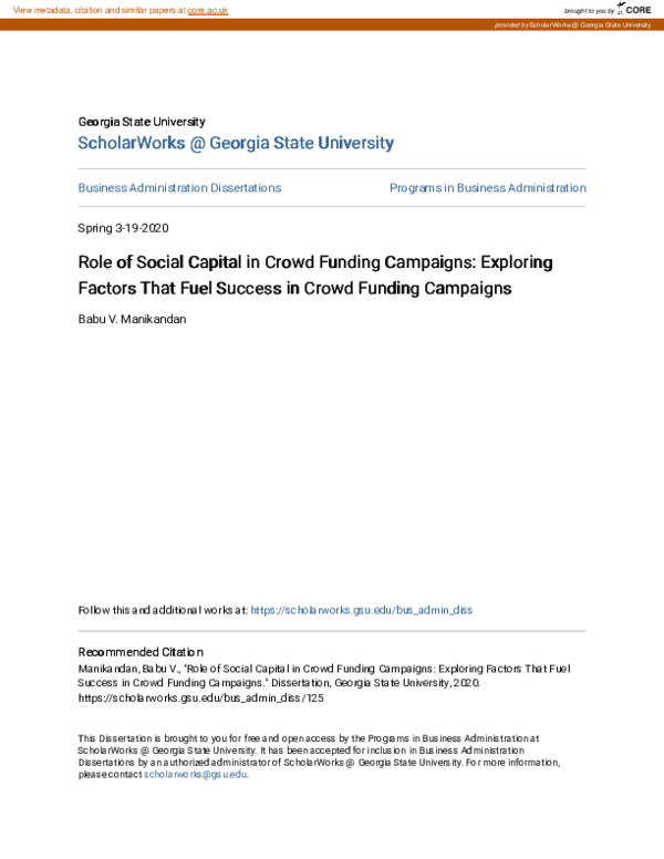 (PDF) Role of Social Capital in Crowd Funding Campaigns: Exploring ...