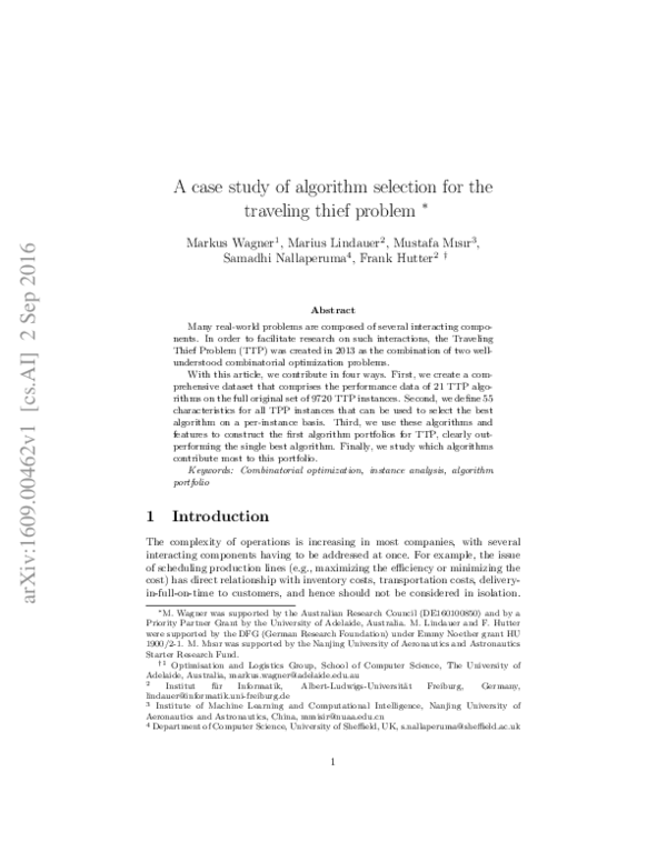 (PDF) A case study of algorithm selection for the traveling thief problem