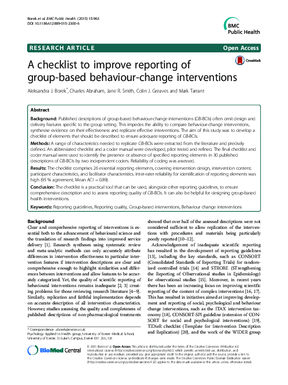 (PDF) A checklist to improve reporting of group-based behaviour-change ...