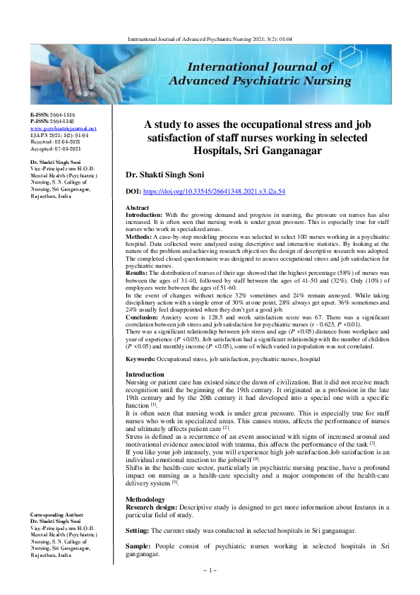 (PDF) A study to asses the occupational stress and job satisfaction of ...