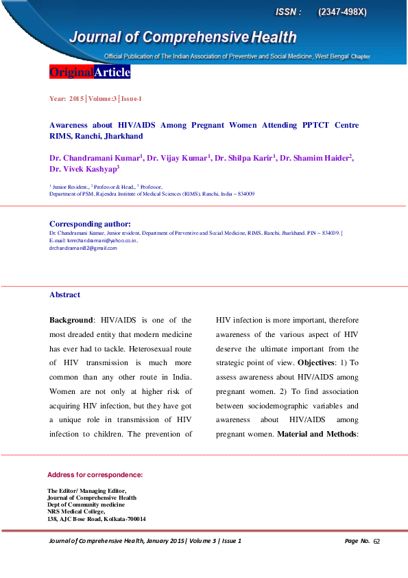 (PDF) Awareness About HIV/AIDS Among Pregnant Women Attending PPTCT