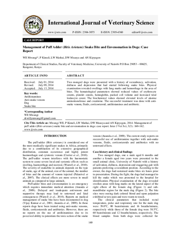 (PDF) Management of puff adder (Bitis Arietans) snake bite and