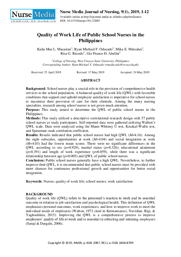 (PDF) Quality of Work Life of Public School Nurses in Iloilo Province