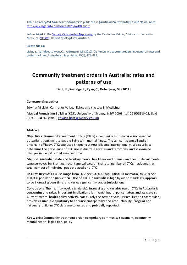 (PDF) Community treatment orders in Australia: rates and patterns of use
