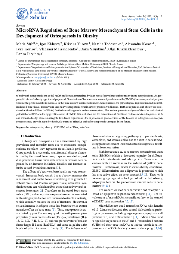(PDF) MicroRNA Regulation of Bone Marrow Mesenchymal Stem Cells in the ...
