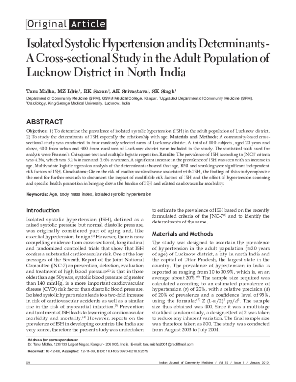 (PDF) Isolated systolic hypertension and its determinants - A cross ...
