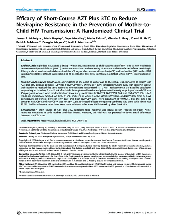 (PDF) Efficacy of Short-Course AZT Plus 3TC to Reduce Nevirapine ...