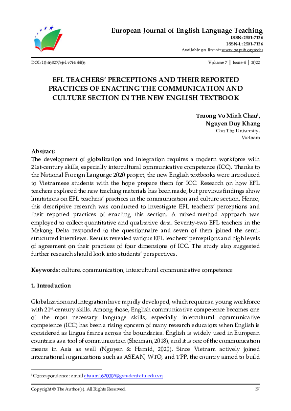 (PDF) Efl Teachers’ Perceptions and Their Reported Practices of ...