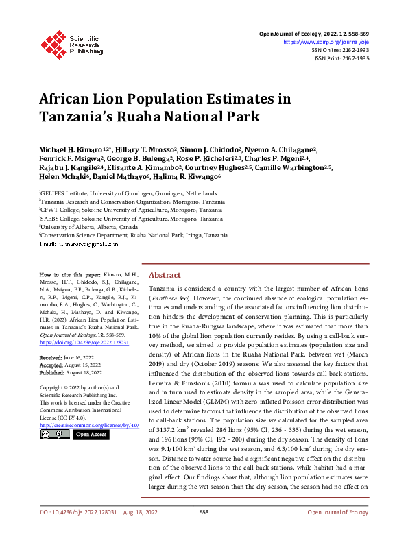 (PDF) African Lion Population Estimates in Tanzania’s Ruaha National