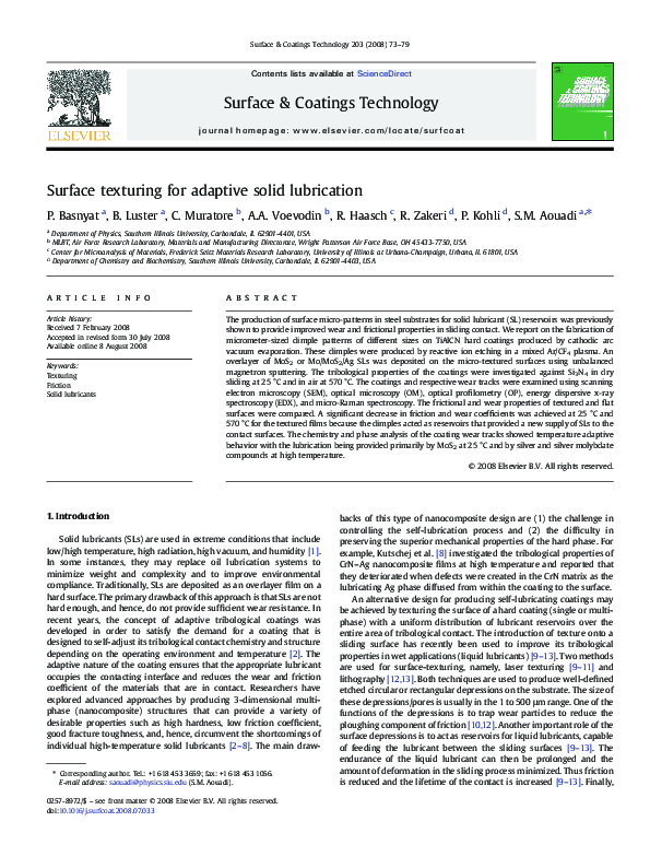 (PDF) Surface texturing for adaptive solid lubrication