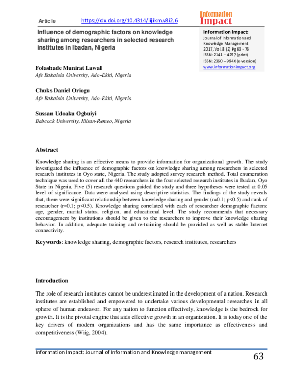 (PDF) Influence of demographic factors on knowledge sharing among ...