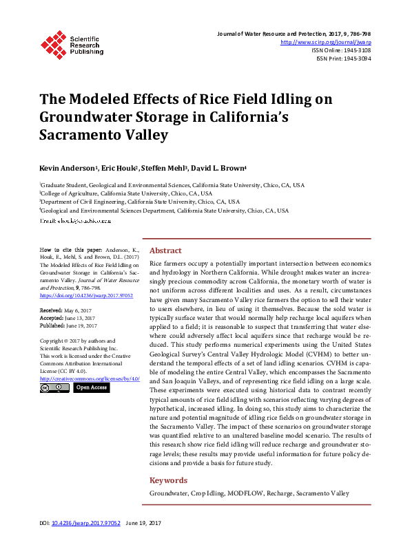 The Modeled Effects of Rice Field Idling on Groundwater Storage in California’s Sacramento Valley