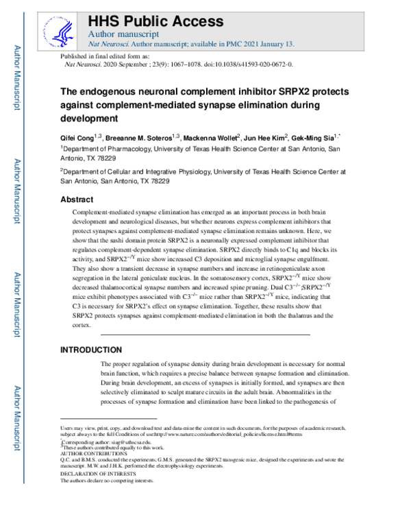 (PDF) The endogenous neuronal complement inhibitor SRPX2 protects ...