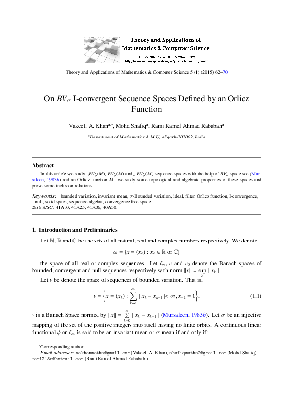 (PDF) On BVσ I-convergent Sequence Spaces Defined by an Orlicz Function