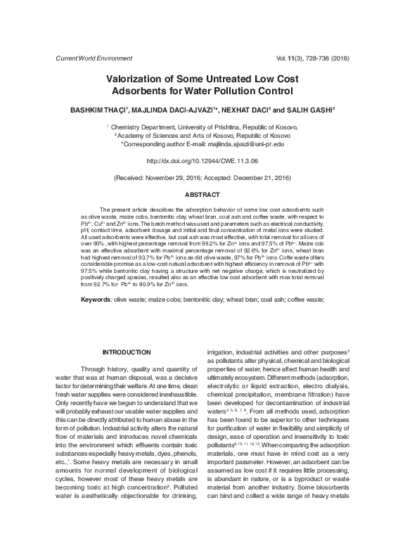 (PDF) Valorization of Some Untreated Low Cost Adsorbents for Water ...
