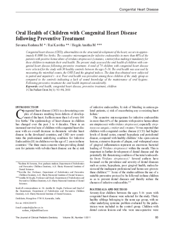 (PDF) Oral Health of Children with Congenital Heart Disease following ...
