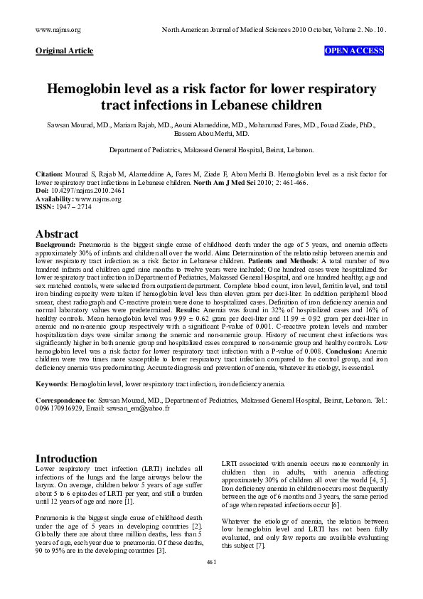 (PDF) Hemoglobin level as a risk factor for lower respiratory tract ...
