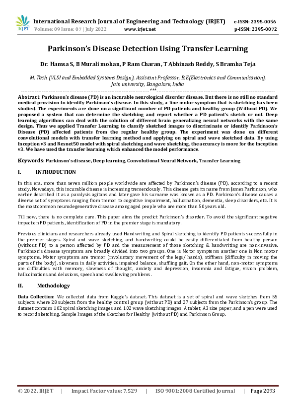 (PDF) Parkinson's Disease Detection Using Transfer Learning