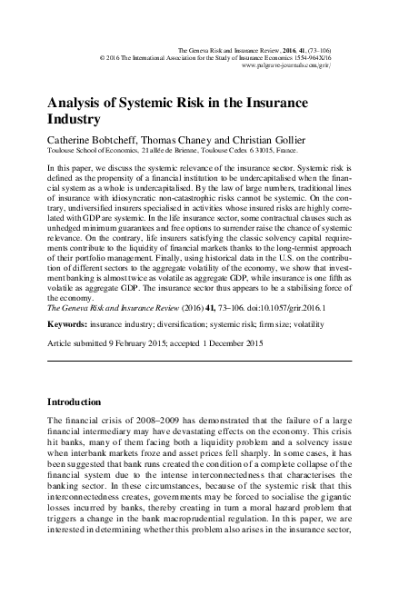 (PDF) Analysis of Systemic Risk in the Insurance Industry